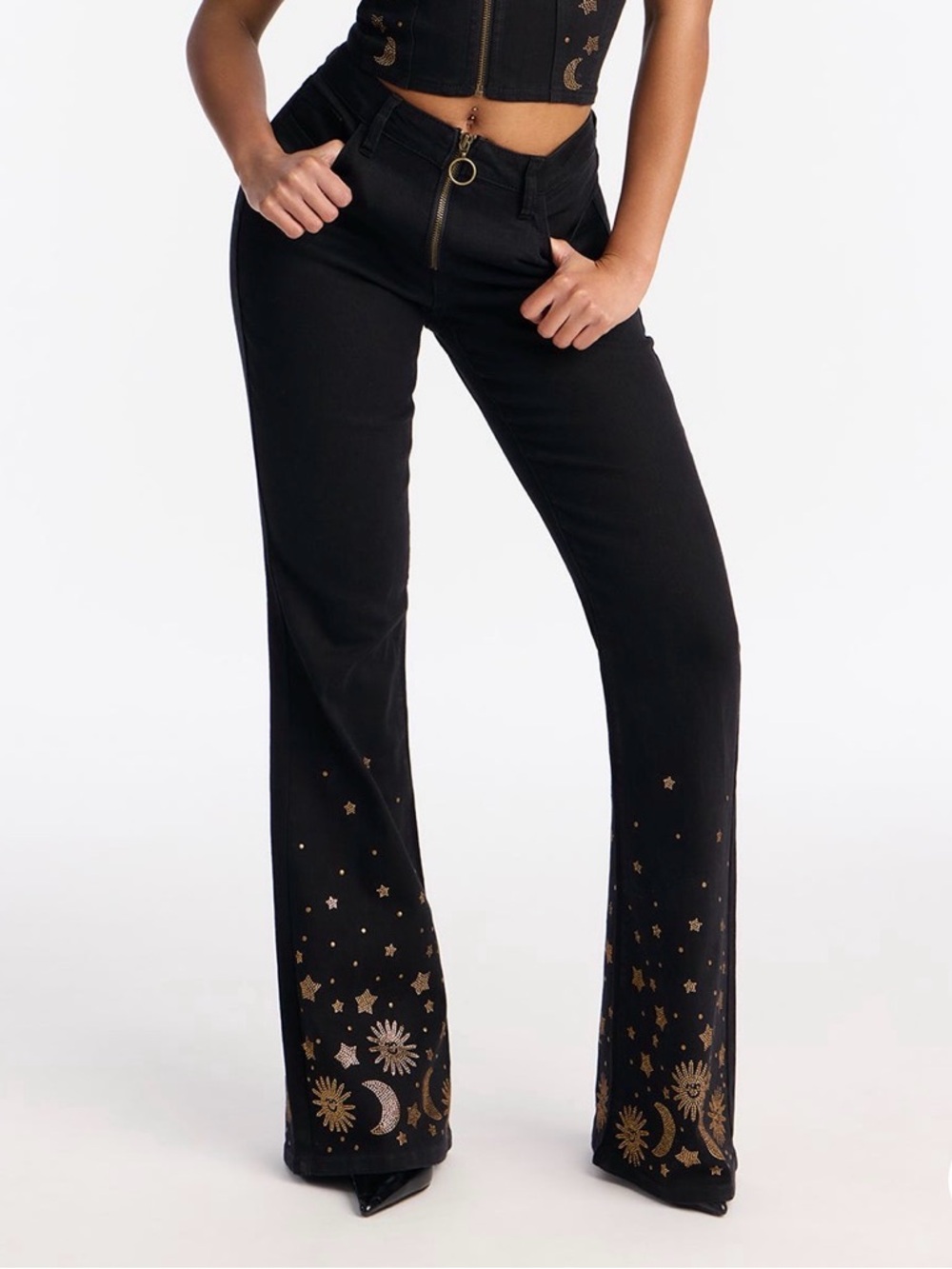 Black Flared Pants with Gold Celestial Print